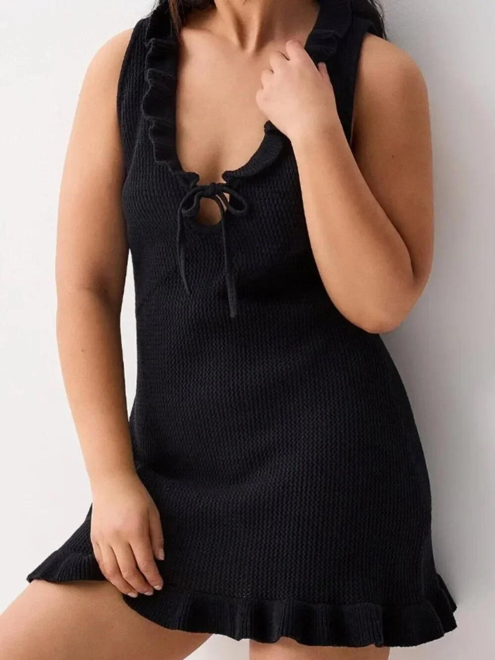 NWT Ruffled-trim crochet dress black 100% cotton - Picture 1 of 3